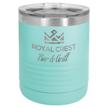 Personalized 10 oz. insulated stainless steel ringneck tumbler with clear lid and custom engraved design