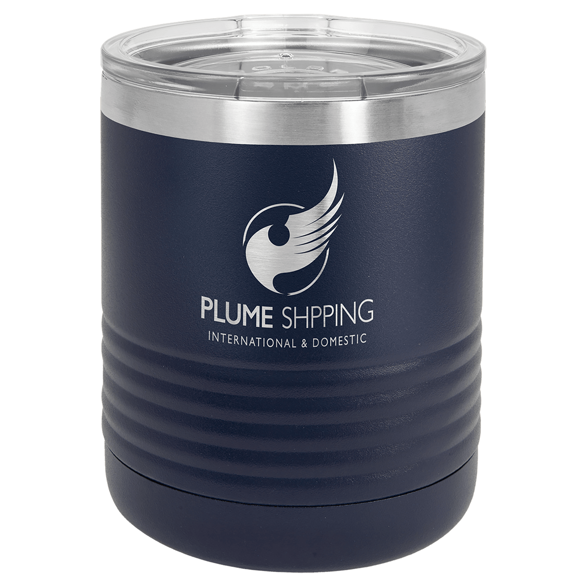 Personalized 10 oz. insulated stainless steel ringneck tumbler with clear lid and custom engraved design