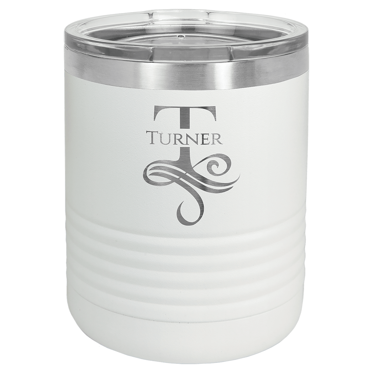 Personalized 10 oz. insulated stainless steel ringneck tumbler with clear lid and custom engraved design