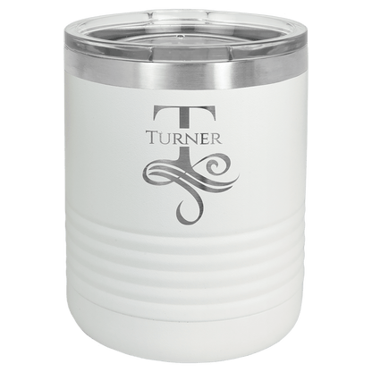 Personalized 10 oz. insulated stainless steel ringneck tumbler with clear lid and custom engraved design