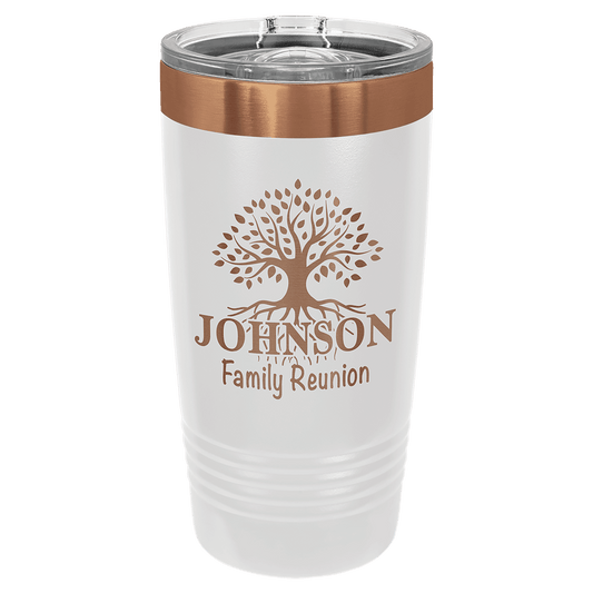 Personalized 20 oz. White and Rose Gold tumbler with slider lid engraved with custom name or message