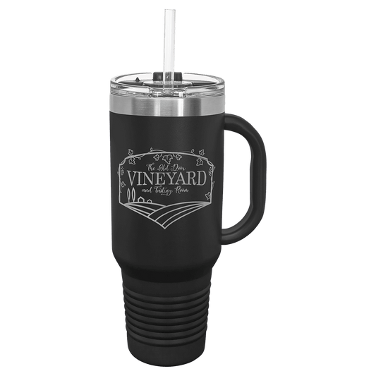 Personalized 40 oz. stainless steel travel mug with snap lid and straw engraved with custom name or message