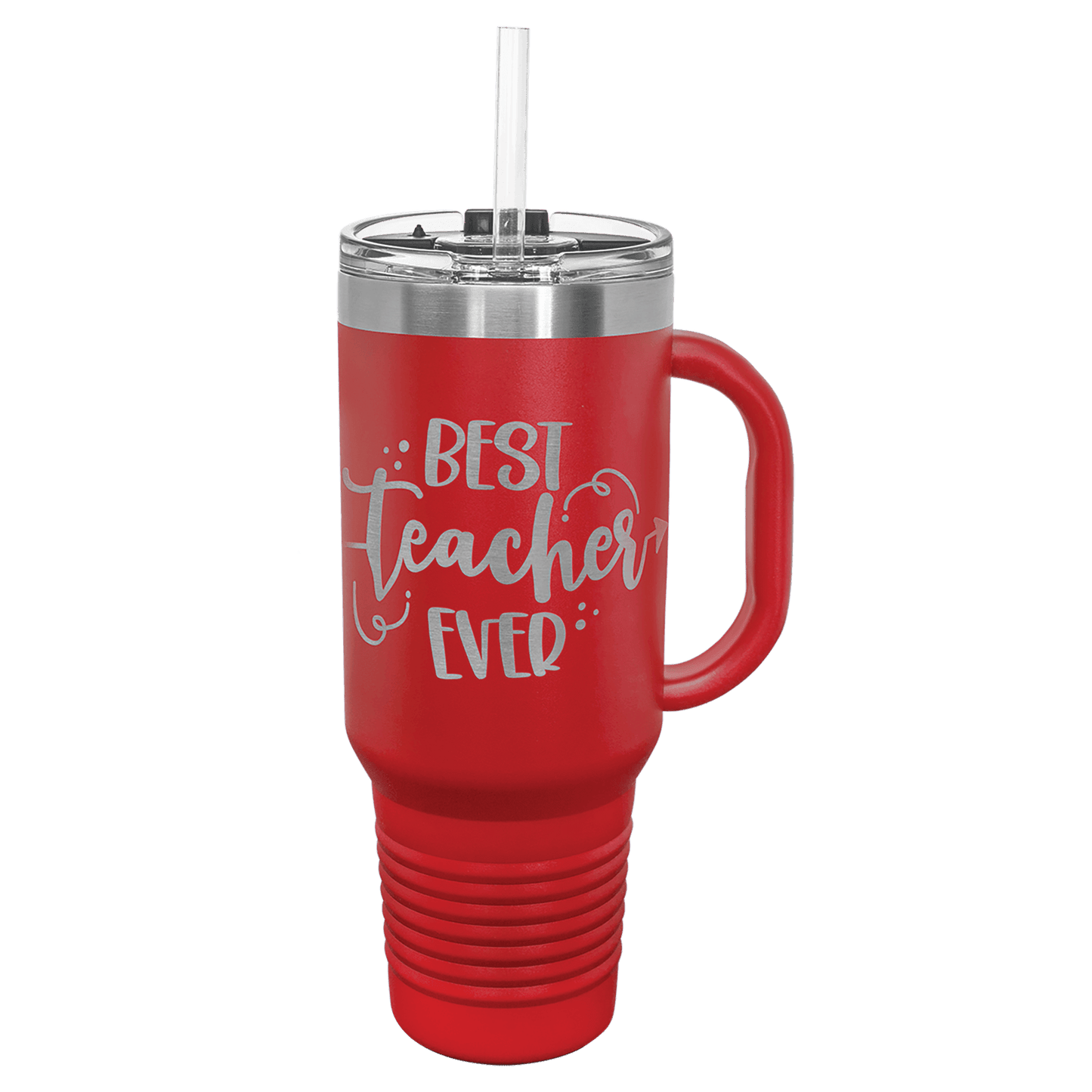 Personalized 40 oz. stainless steel travel mug with snap lid and straw engraved with custom name or message