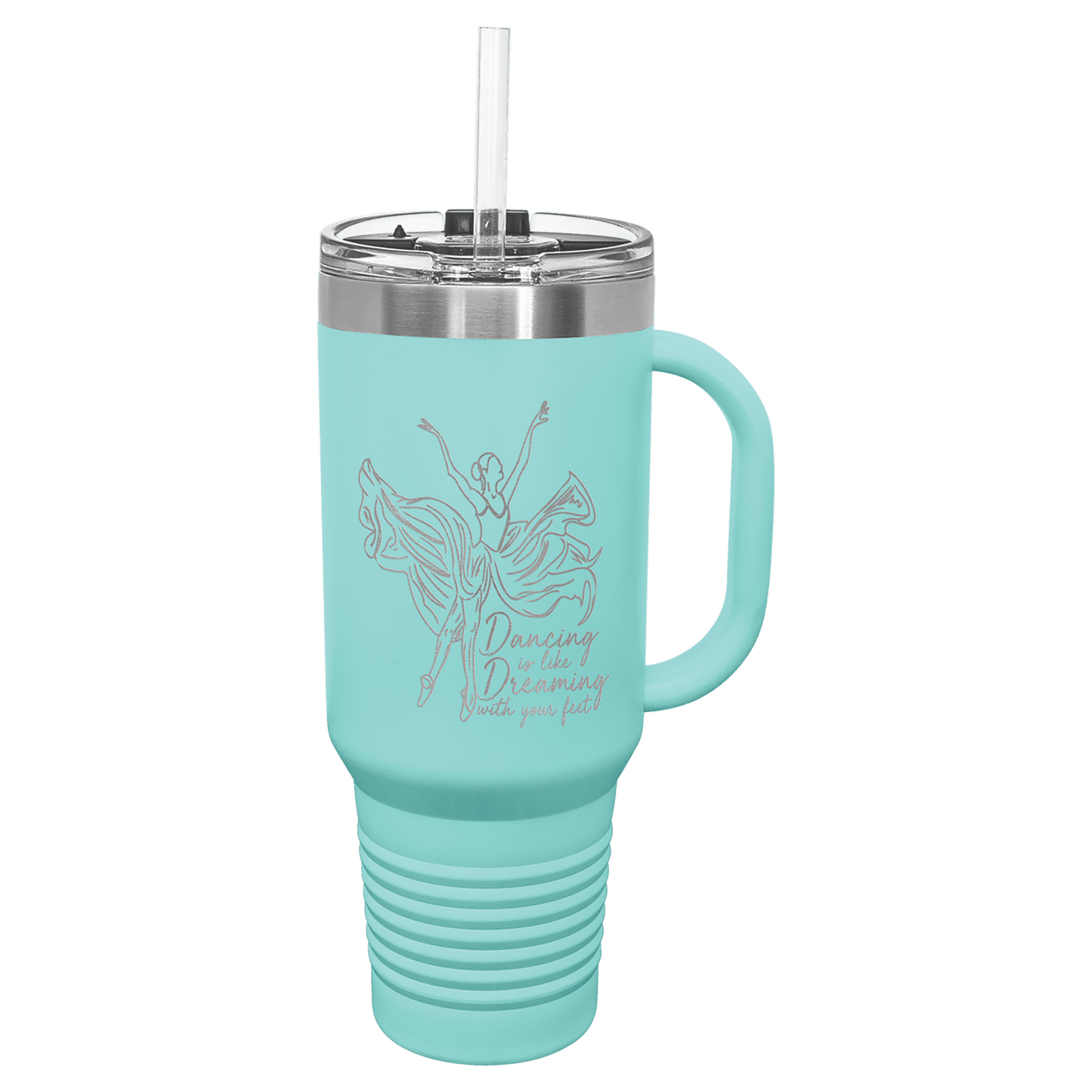 Personalized 40 oz. stainless steel travel mug with snap lid and straw engraved with custom name or message