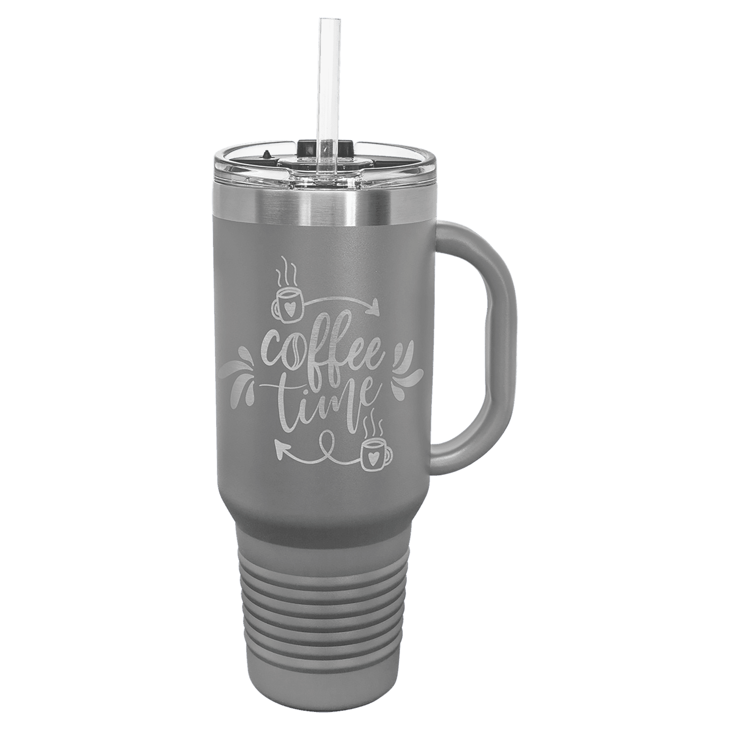 Personalized 40 oz. stainless steel travel mug with snap lid and straw engraved with custom name or message