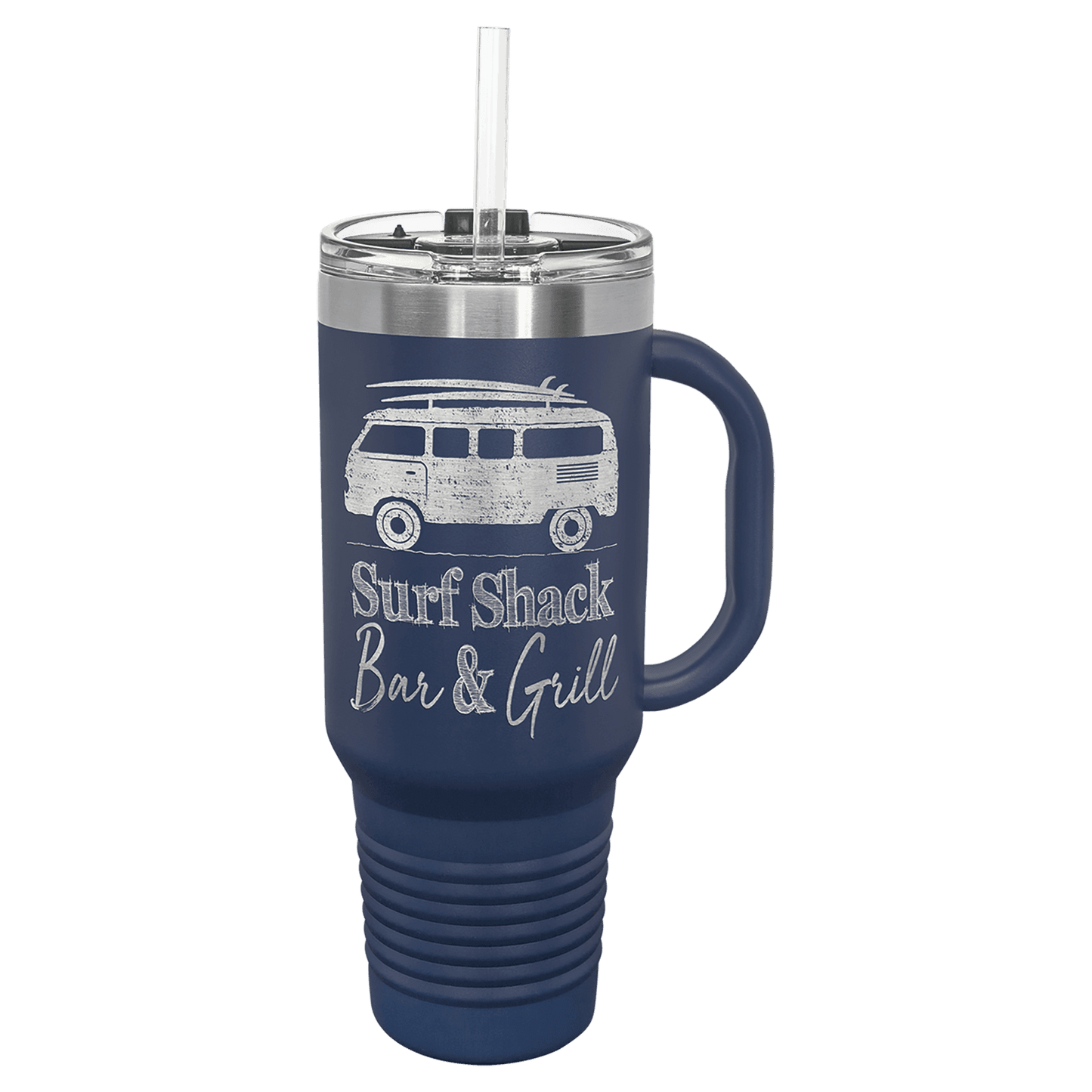 Personalized 40 oz. stainless steel travel mug with snap lid and straw engraved with custom name or message