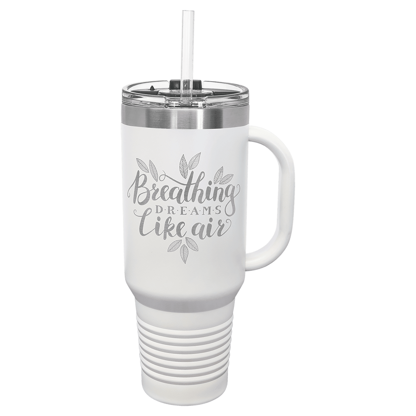 Personalized 40 oz. stainless steel travel mug with snap lid and straw engraved with custom name or message