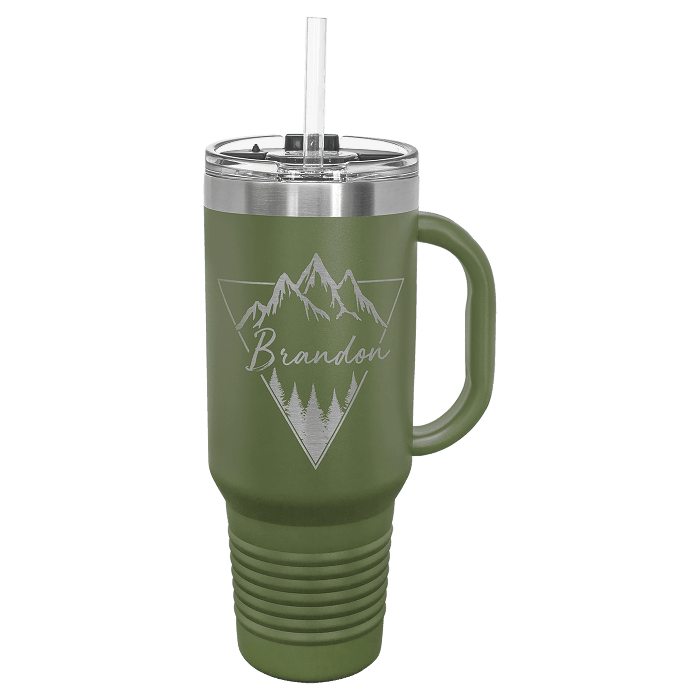 Personalized 40 oz. stainless steel travel mug with snap lid and straw engraved with custom name or message