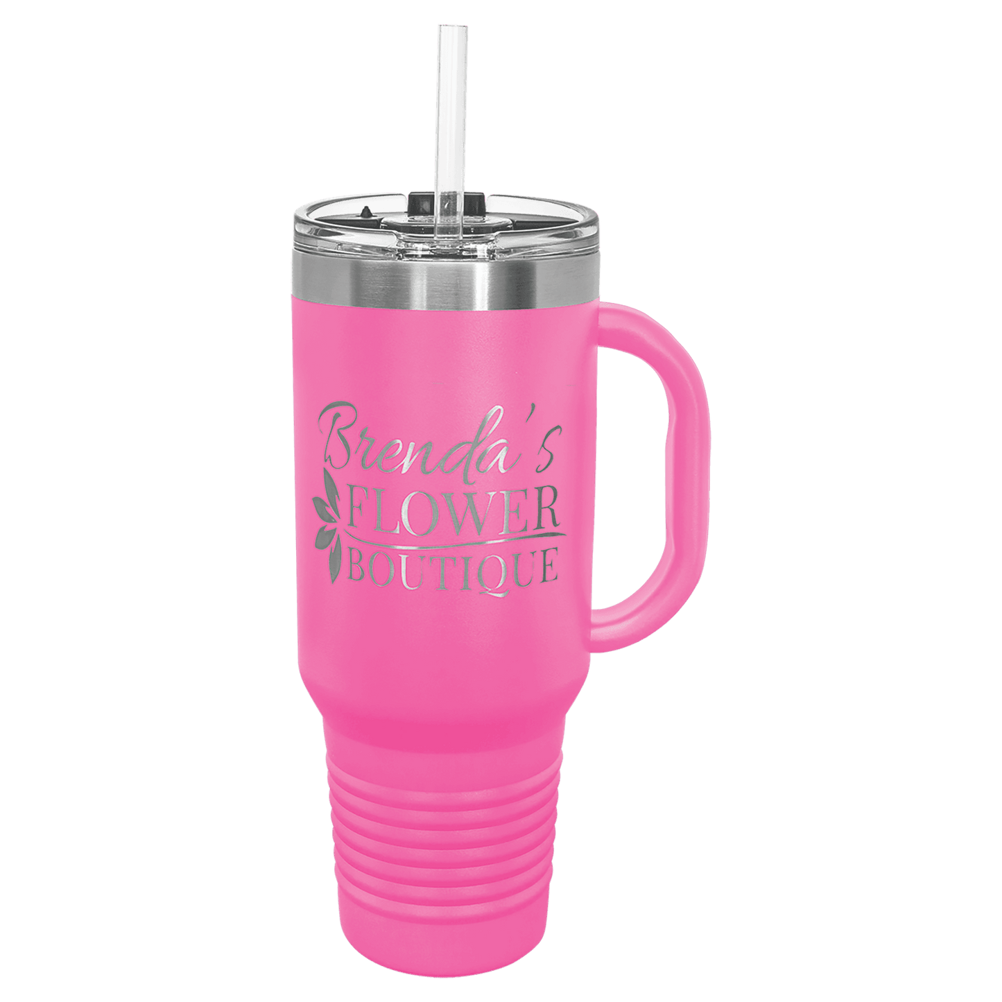 Personalized 40 oz. stainless steel travel mug with snap lid and straw engraved with custom name or message