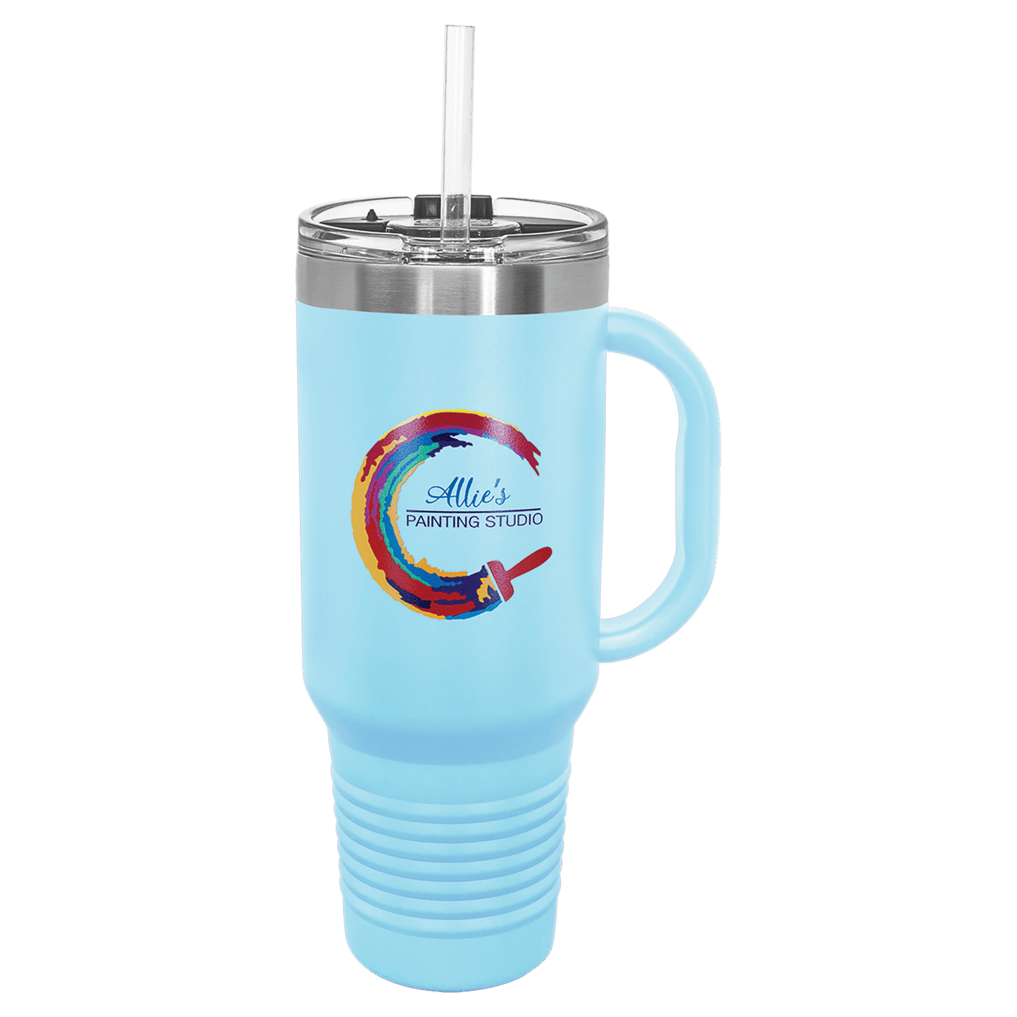 Personalized 40 oz. stainless steel travel mug with snap lid and straw engraved with custom name or message