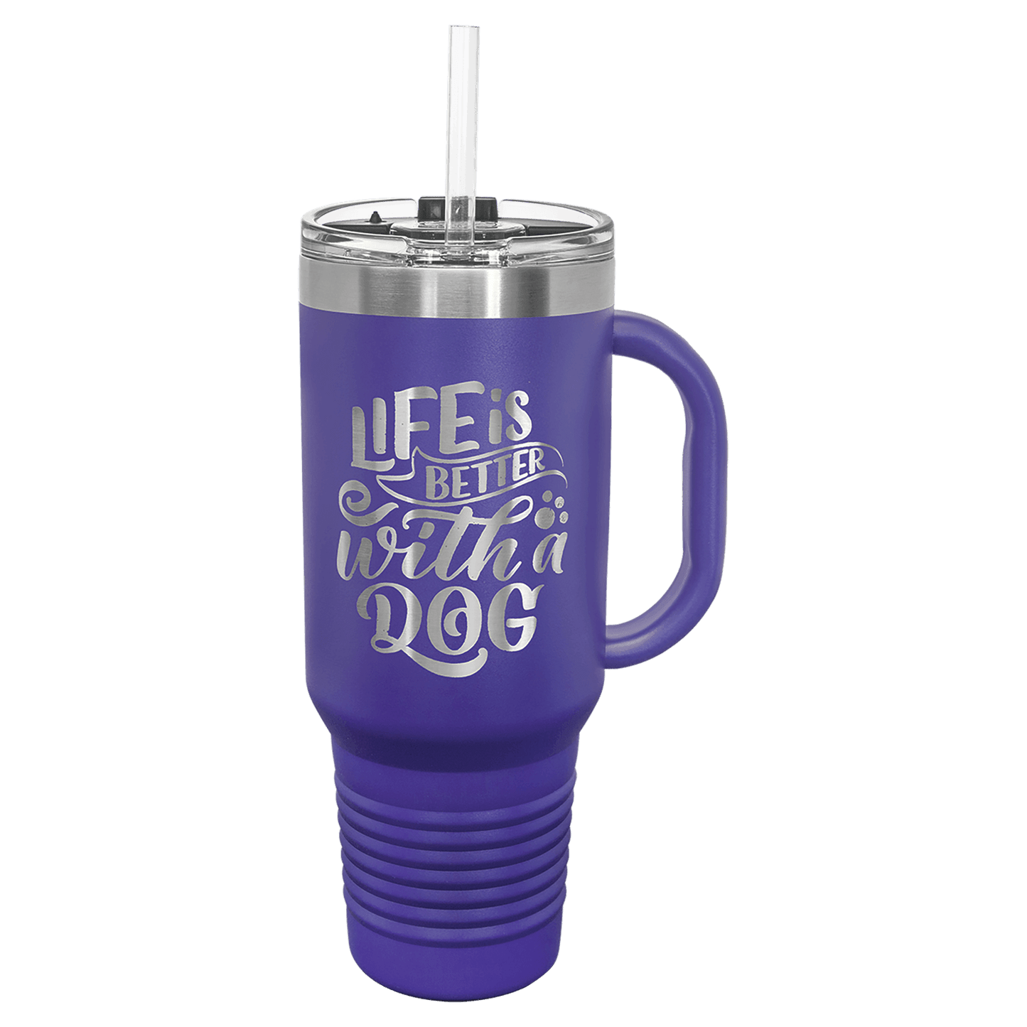 Personalized 40 oz. stainless steel travel mug with snap lid and straw engraved with custom name or message