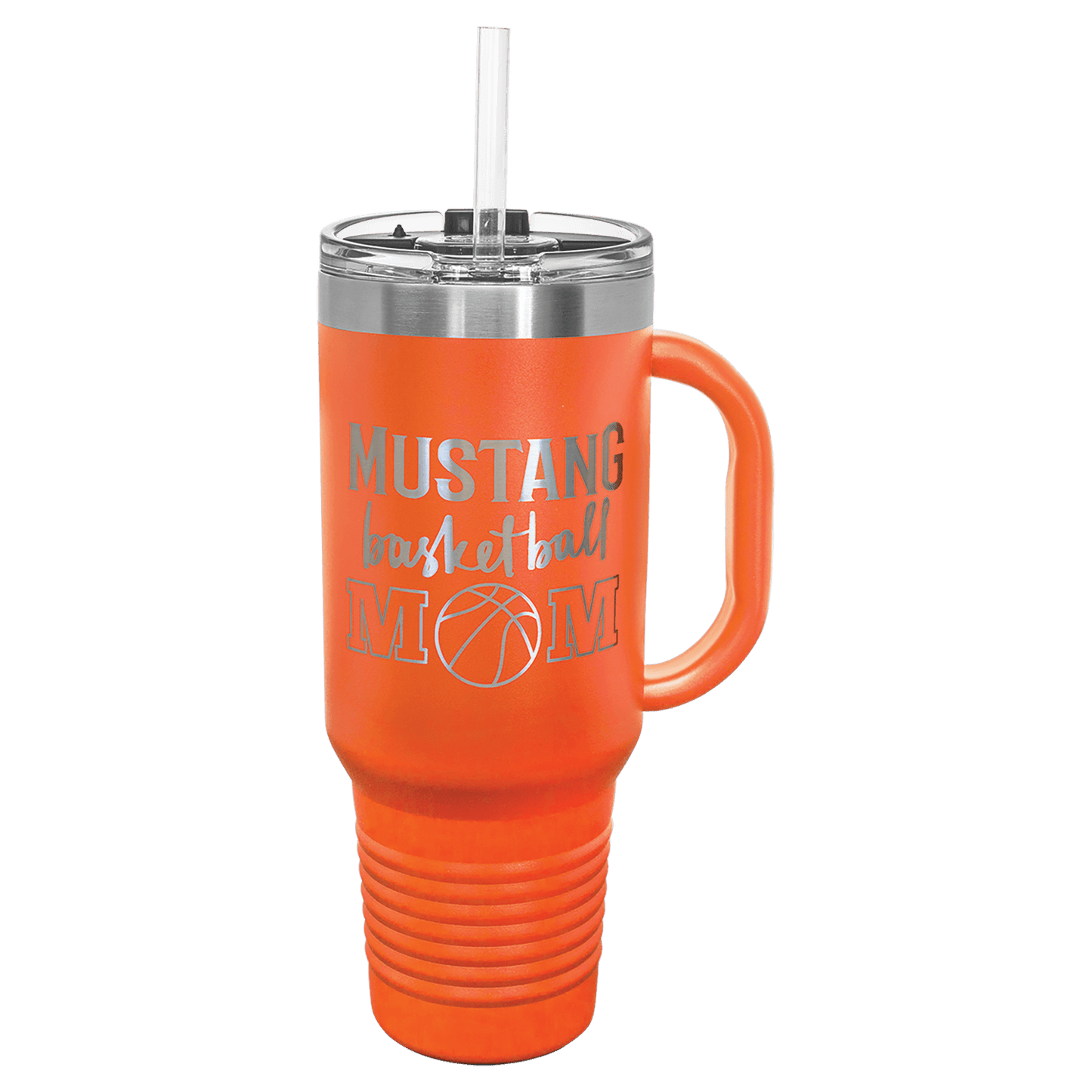 Personalized 40 oz. stainless steel travel mug with snap lid and straw engraved with custom name or message