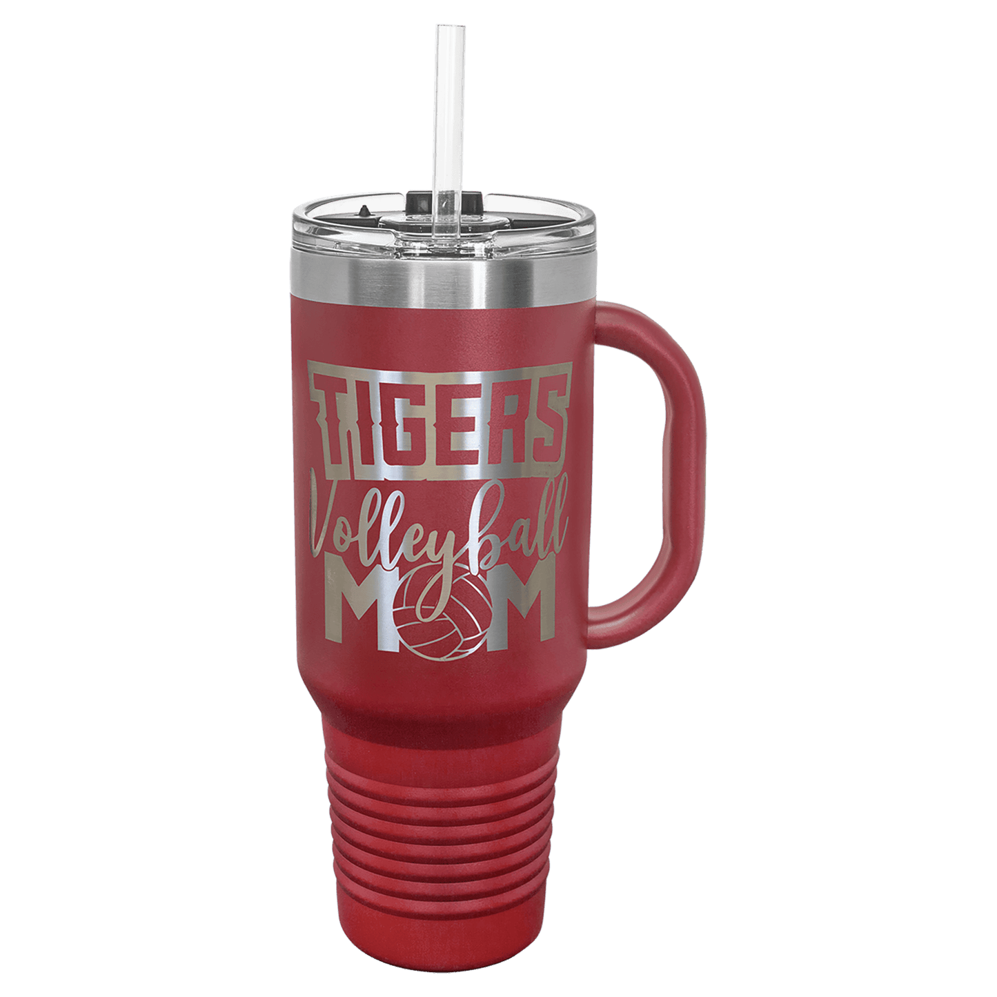 Personalized 40 oz. stainless steel travel mug with snap lid and straw engraved with custom name or message
