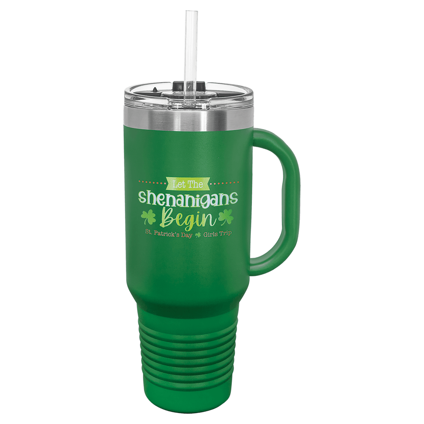 Personalized 40 oz. stainless steel travel mug with snap lid and straw engraved with custom name or message