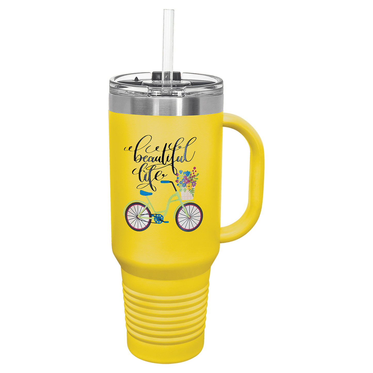 Personalized 40 oz. stainless steel travel mug with snap lid and straw engraved with custom name or message