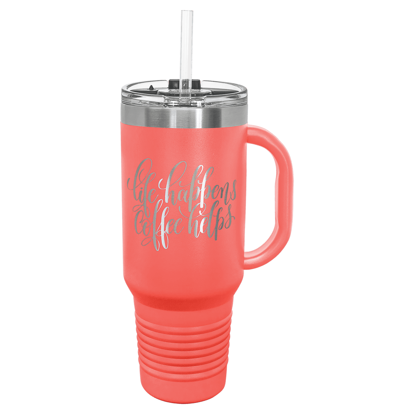 Personalized 40 oz. stainless steel travel mug with snap lid and straw engraved with custom name or message