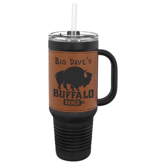 Polar Camel 40 oz. Black with Rawhide Laserable Leatherette Travel Mug with a Handle, Straw Included