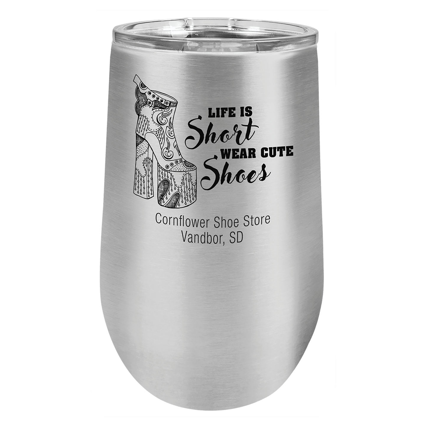Personalized 16 oz. insulated stemless wine tumbler with lid and custom engraved name or message