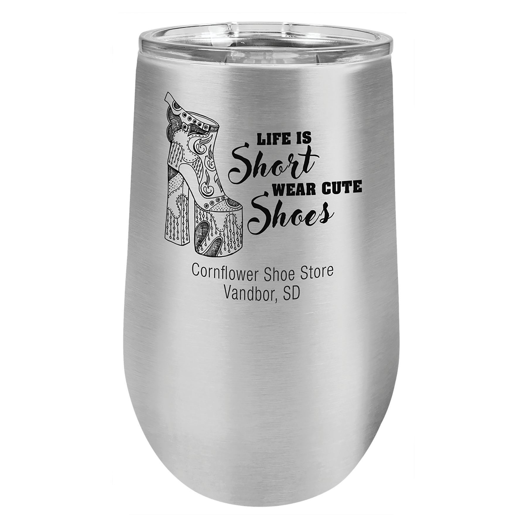 Personalized 16 oz. insulated stemless wine tumbler with lid and custom engraved name or message