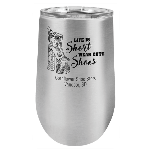 Personalized 16 oz. insulated stemless wine tumbler with lid and custom engraved name or message