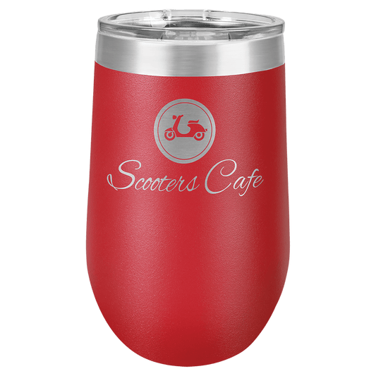 Personalized 16 oz. insulated stemless wine tumbler with lid and custom engraved name or message