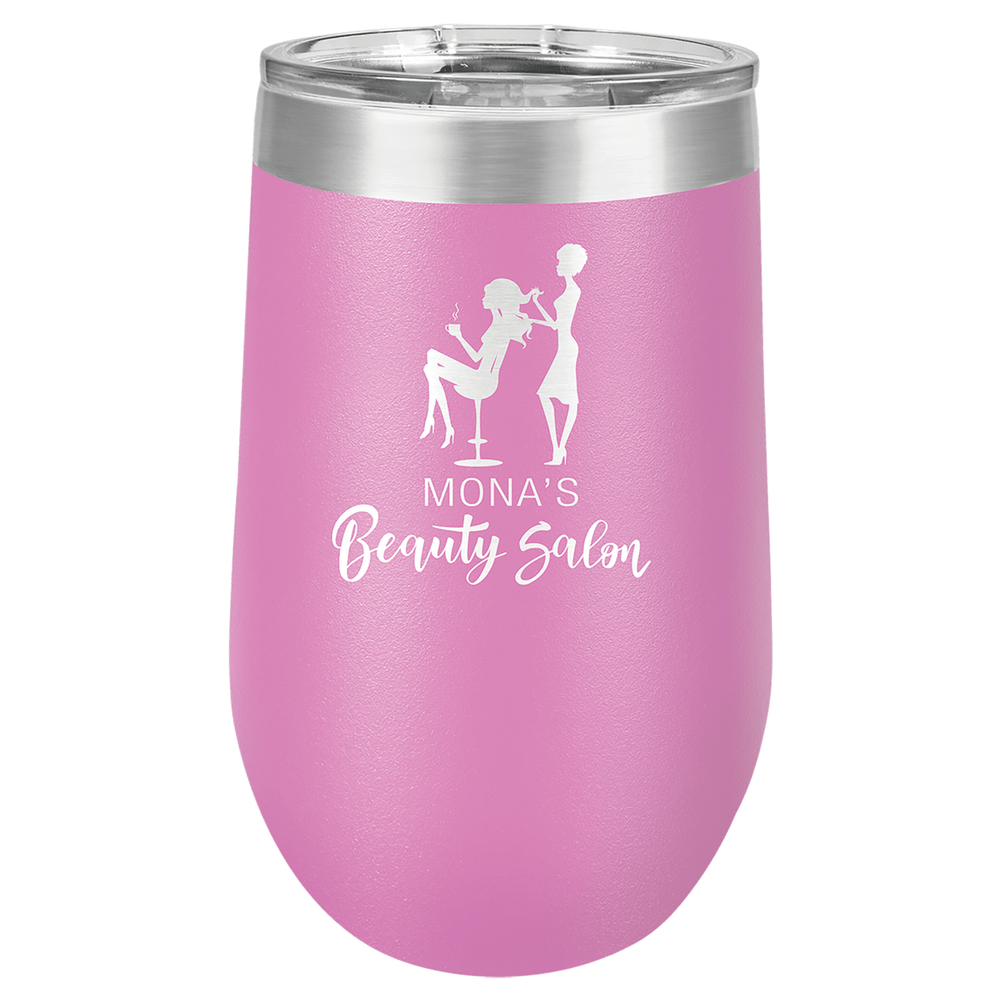 Personalized 16 oz. insulated stemless wine tumbler with lid and custom engraved name or message