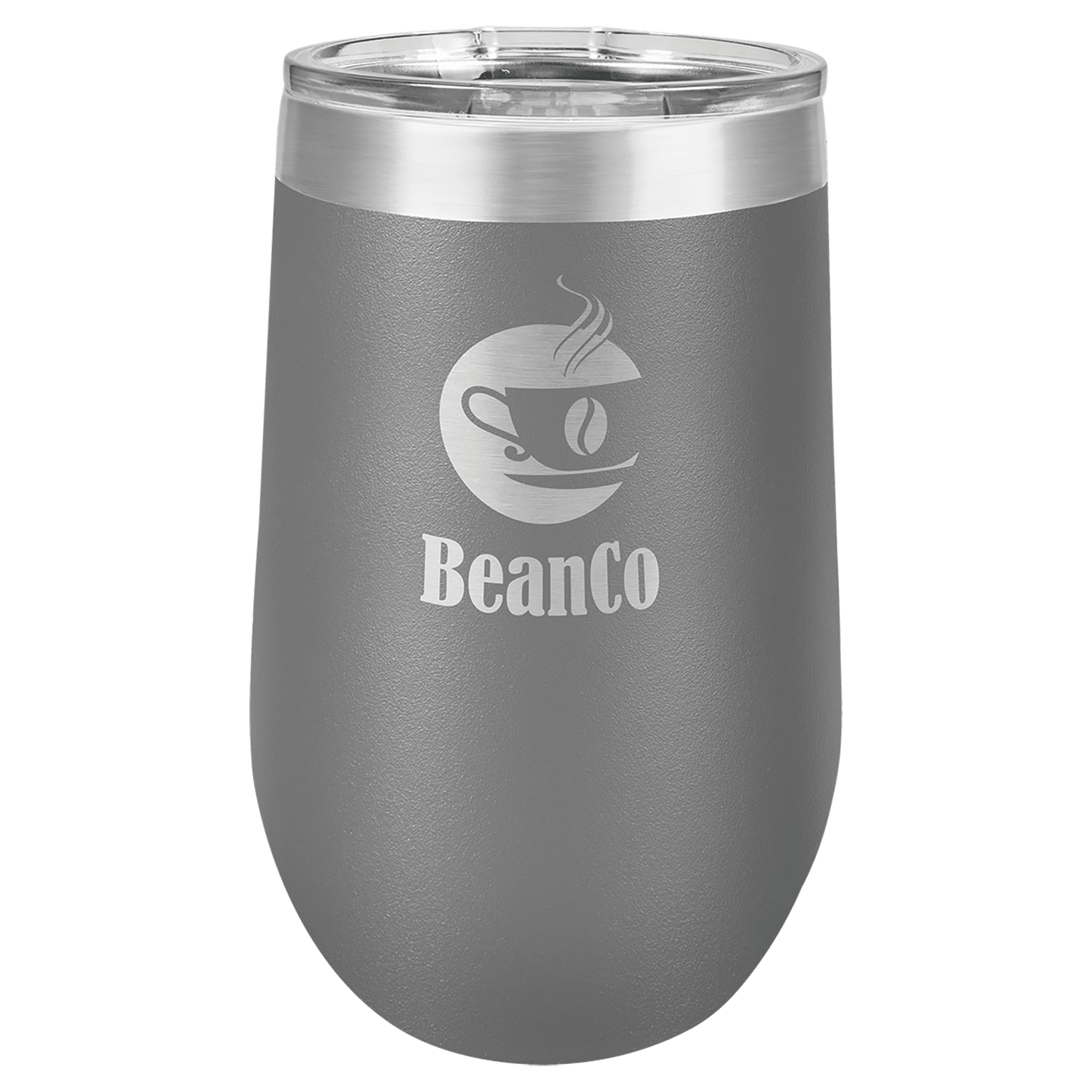 Personalized 16 oz. insulated stemless wine tumbler with lid and custom engraved name or message