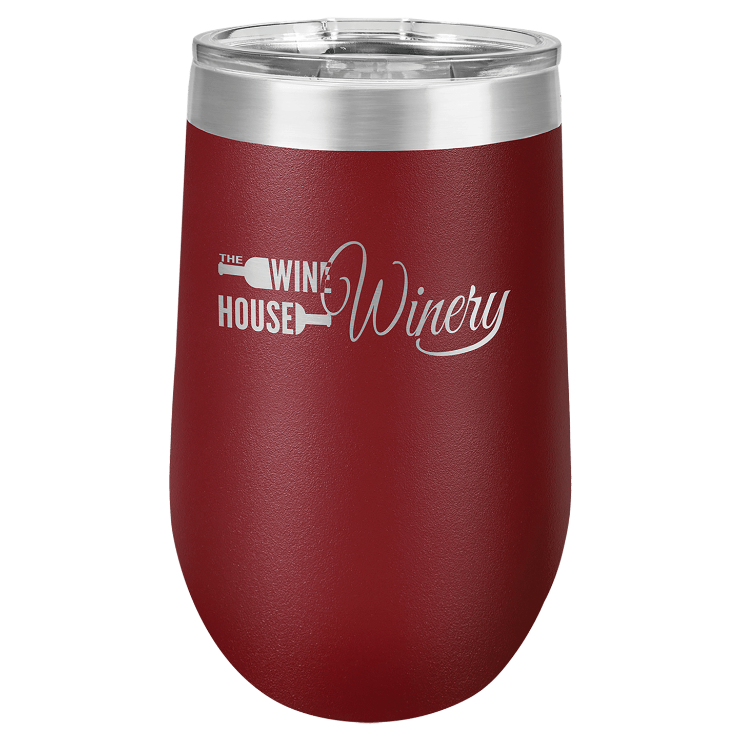 Personalized 16 oz. insulated stemless wine tumbler with lid and custom engraved name or message