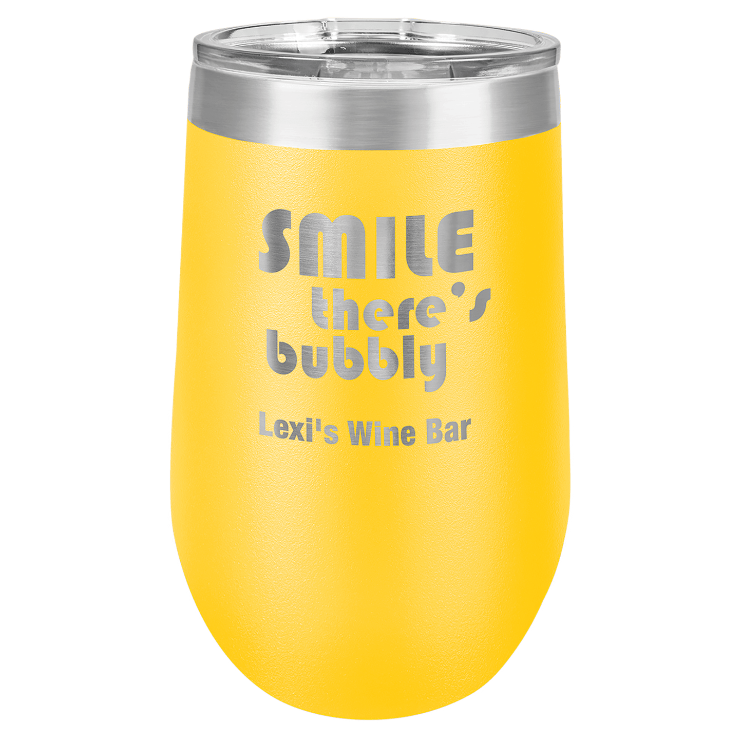 Personalized 16 oz. insulated stemless wine tumbler with lid and custom engraved name or message