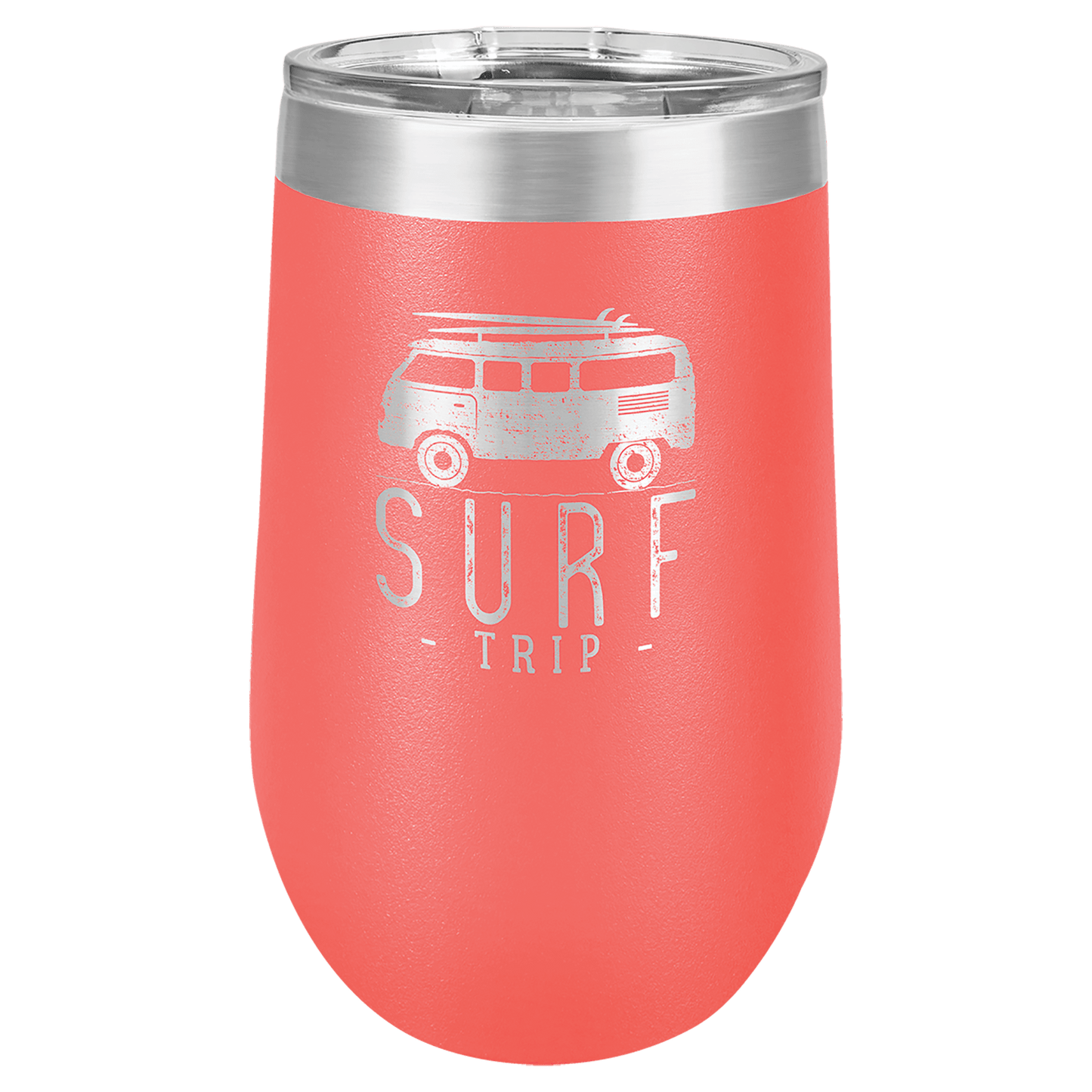 Personalized 16 oz. insulated stemless wine tumbler with lid and custom engraved name or message