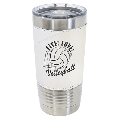 Personalized 20 oz. volleyball leatherette tumbler with slider lid and custom engraved name or number