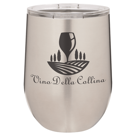 Personalized 12 oz. insulated stemless wine tumbler with lid and custom engraved name or message