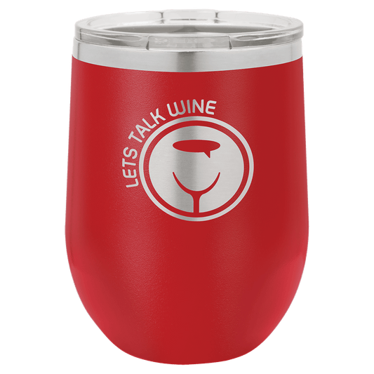 Personalized 12 oz. red insulated stemless wine tumbler with lid and custom engraved name or message