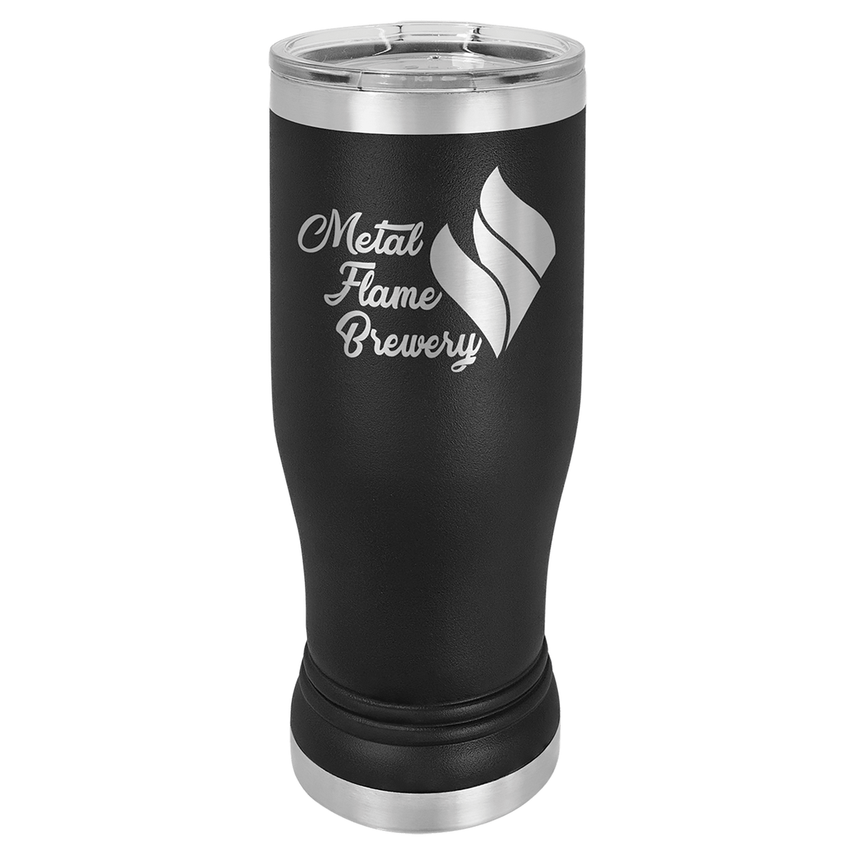 Personalized 14 oz. insulated stainless steel pilsner with clear lid and custom engraved name or design