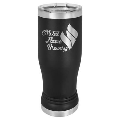 Personalized 14 oz. insulated stainless steel pilsner with clear lid and custom engraved name or design