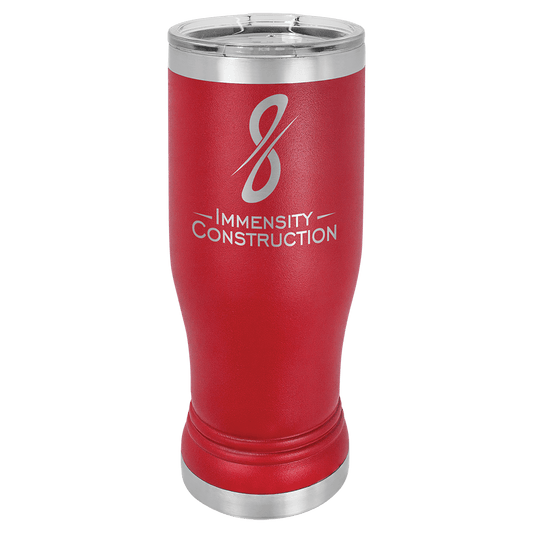 Personalized 14 oz. insulated stainless steel pilsner with clear lid and custom engraved name or design