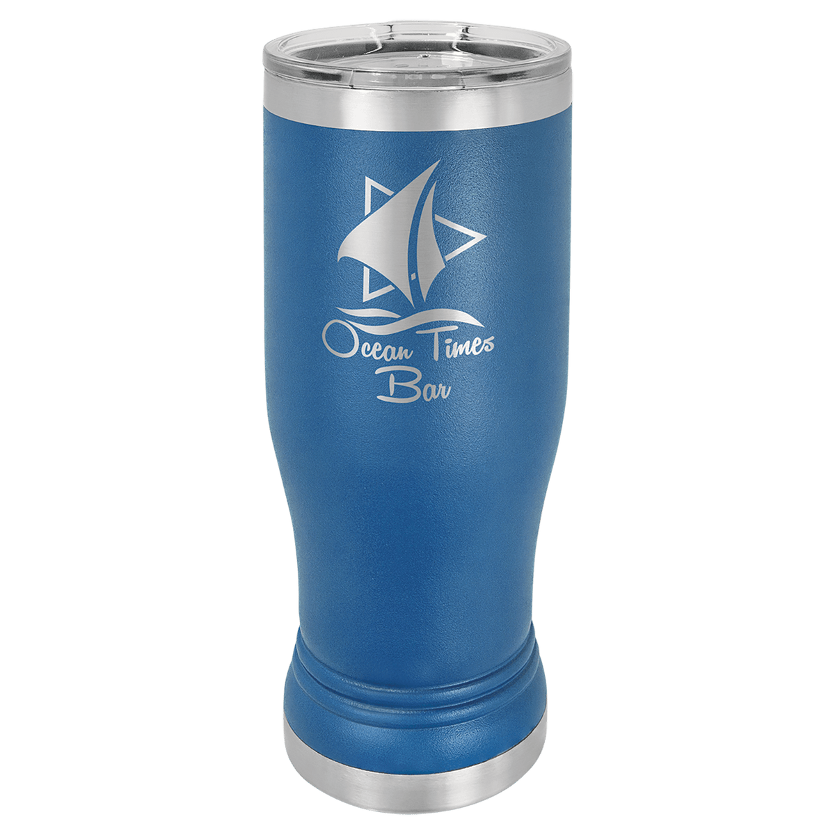 Personalized 14 oz. insulated stainless steel pilsner with clear lid and custom engraved name or design