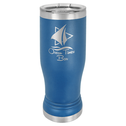 Personalized 14 oz. insulated stainless steel pilsner with clear lid and custom engraved name or design