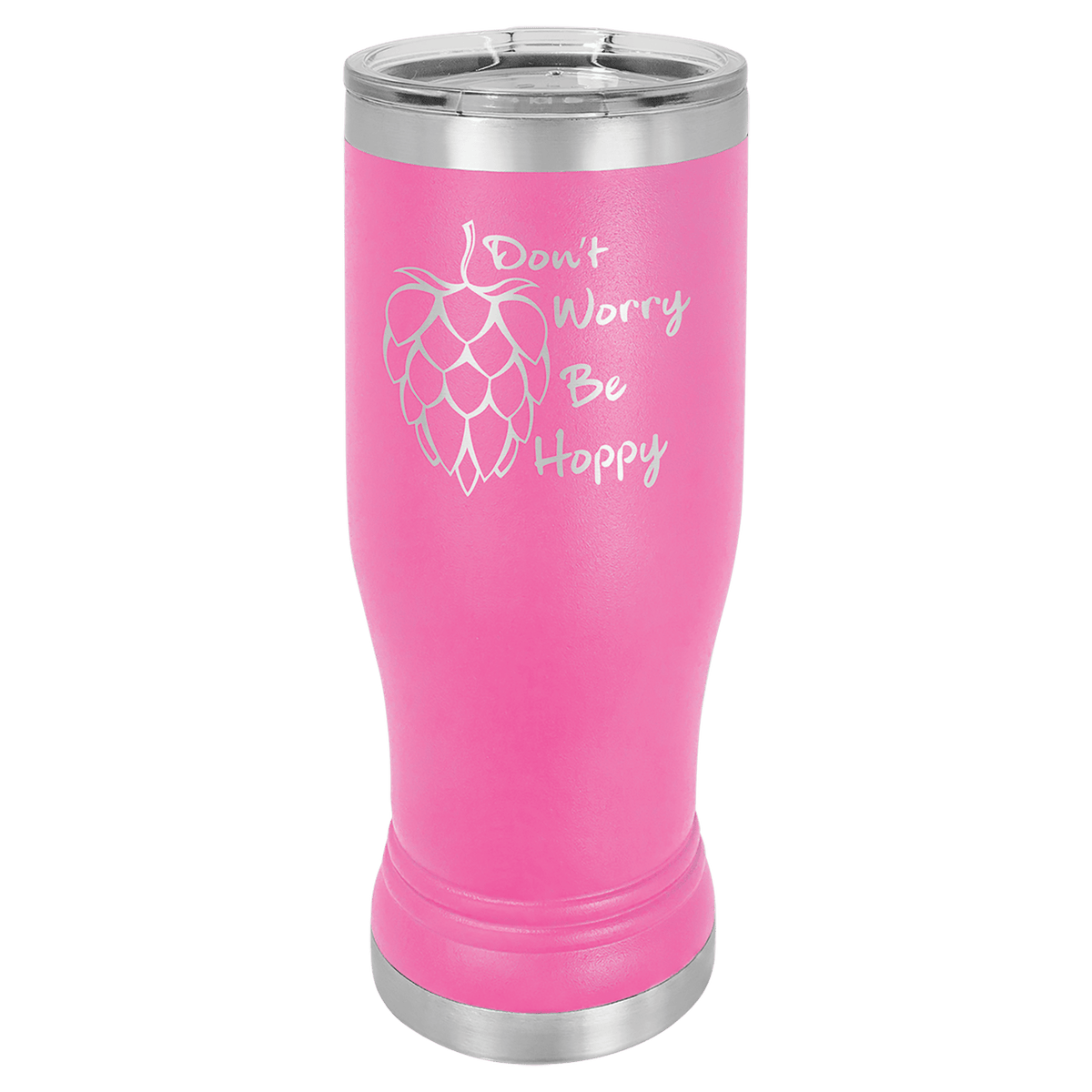 Personalized 14 oz. insulated stainless steel pilsner with clear lid and custom engraved name or design