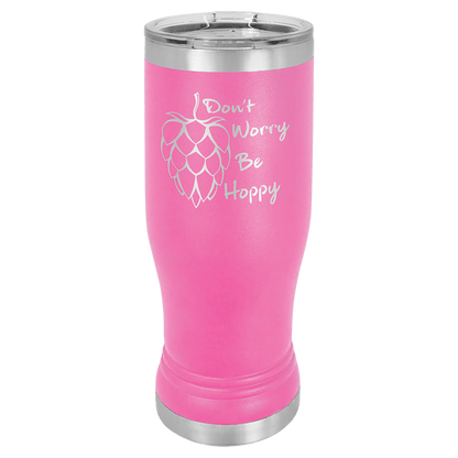 Personalized 14 oz. insulated stainless steel pilsner with clear lid and custom engraved name or design
