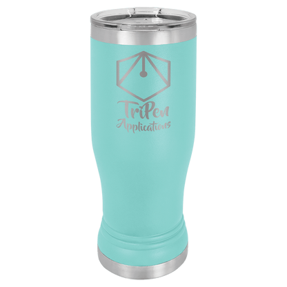 Personalized 14 oz. insulated stainless steel pilsner with clear lid and custom engraved name or design