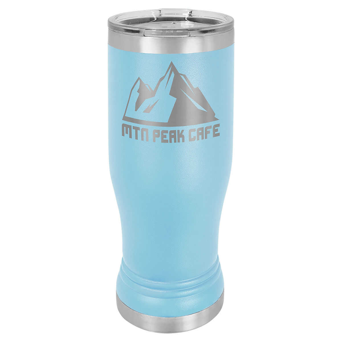 Personalized 14 oz. insulated stainless steel pilsner with clear lid and custom engraved name or design
