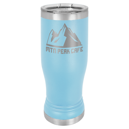 Personalized 14 oz. insulated stainless steel pilsner with clear lid and custom engraved name or design