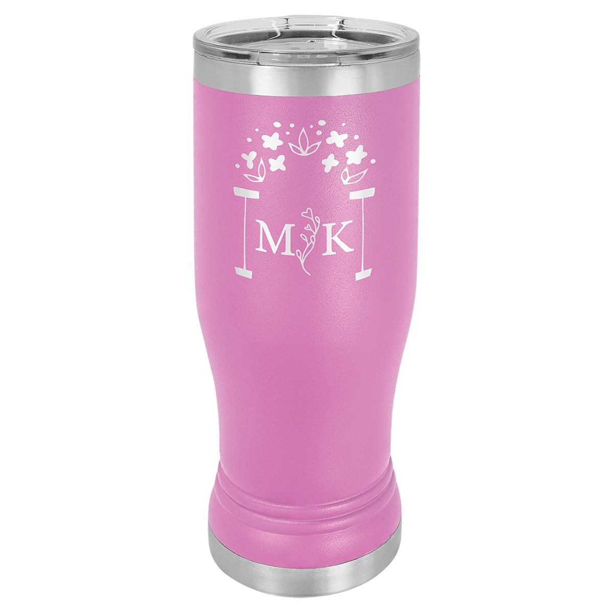 Personalized 14 oz. insulated stainless steel pilsner with clear lid and custom engraved name or design