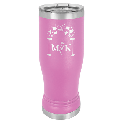 Personalized 14 oz. insulated stainless steel pilsner with clear lid and custom engraved name or design