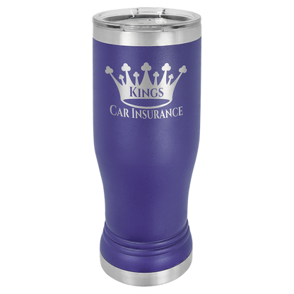Personalized 14 oz. insulated stainless steel pilsner with clear lid and custom engraved name or design