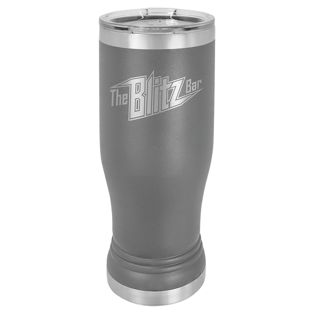 Personalized 14 oz. insulated stainless steel pilsner with clear lid and custom engraved name or design