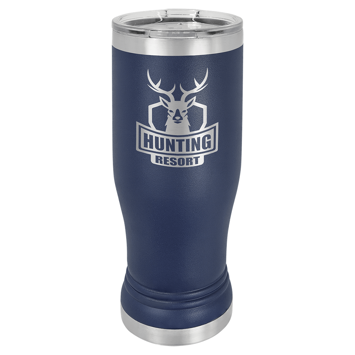 Personalized 14 oz. insulated stainless steel pilsner with clear lid and custom engraved name or design