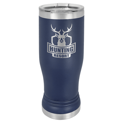 Personalized 14 oz. insulated stainless steel pilsner with clear lid and custom engraved name or design