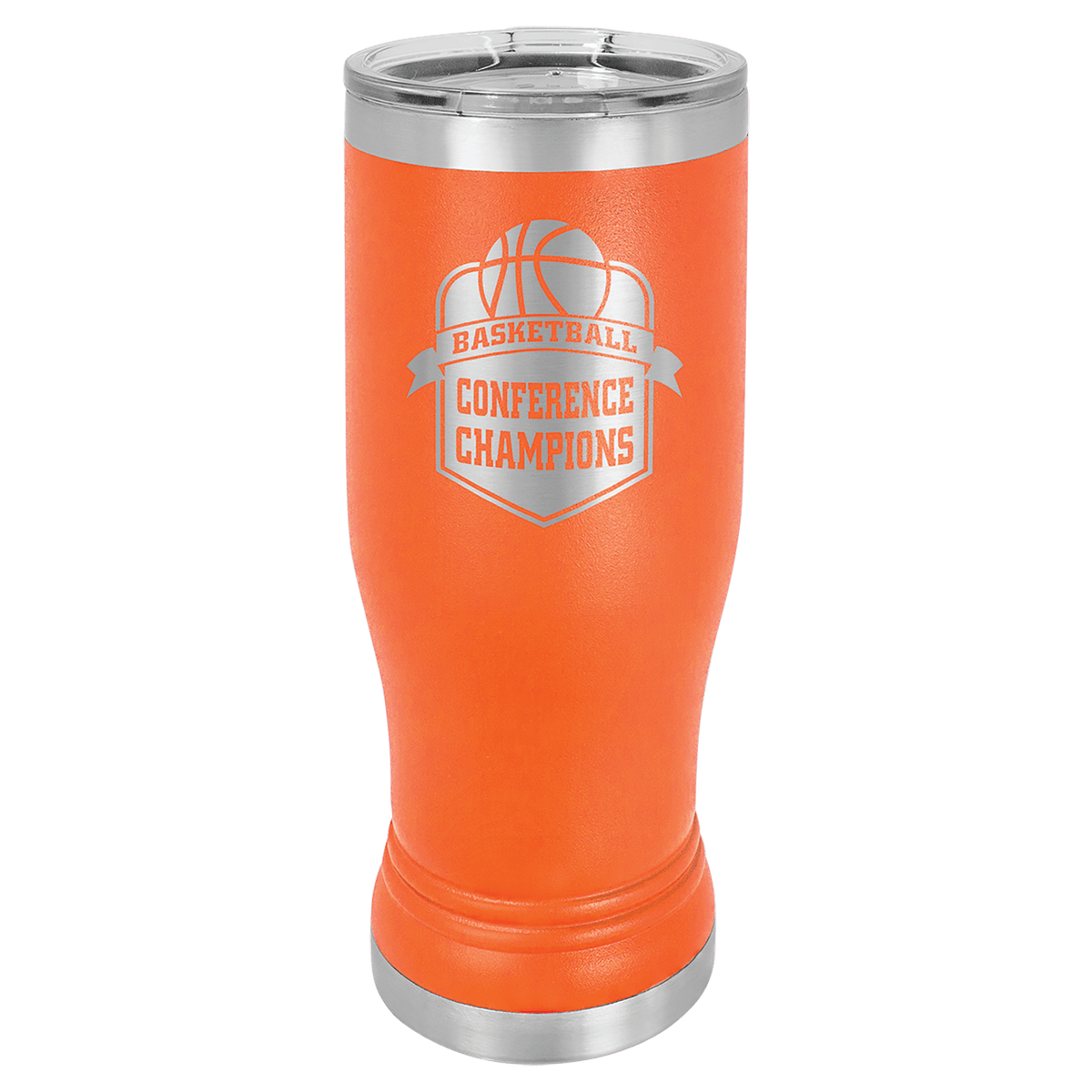 Personalized 14 oz. insulated stainless steel pilsner with clear lid and custom engraved name or design